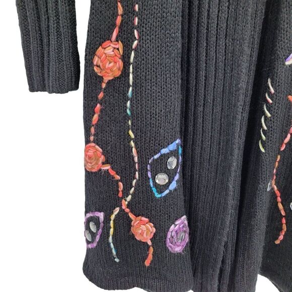 Vintage 90's Coatigan Duster Cardigan M Black Whimsical Embroidery Fairy Grunge - Picture 11 of 17